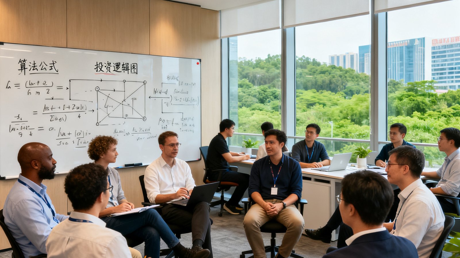 XPJ集团深圳总部开放式办公区的真实场景照片，宽敞明亮的空间内，不同国籍的工程师和投资分析师在三五成群地讨论项目，白板上写满了算法公式和投资逻辑图，落地窗外是南山科技园的绿色景观。