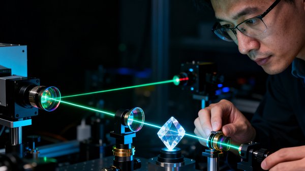量子传感实验室中精密光学平台的特写照片，激光光束穿过一系列透镜和晶体，在暗室中形成清晰的光路，实验人员正在调整干涉仪的参数。
