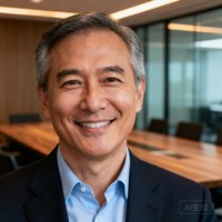 一位中年男性科技公司CEO的近景肖像照，他穿着深色西装搭配浅蓝衬衫，面带自信微笑，背景是现代化的会议室环境，自然光线从侧面照亮他的面部轮廓。