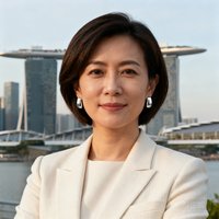 一位女性金融科技公司高管的专业肖像照，她留着干练的短发，佩戴简约的银色耳饰，身着米白色职业套装，背景是新加坡滨海湾的城市景观，表情沉稳而友善。